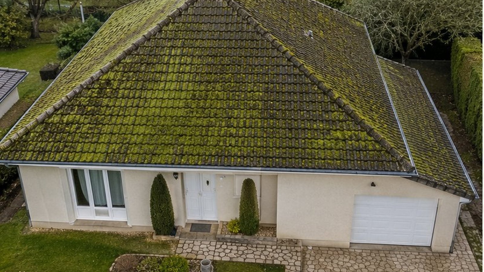 Avant : pavillon tuile beton annees 80 Cergy (95), algues vertes 70 pourcent surface