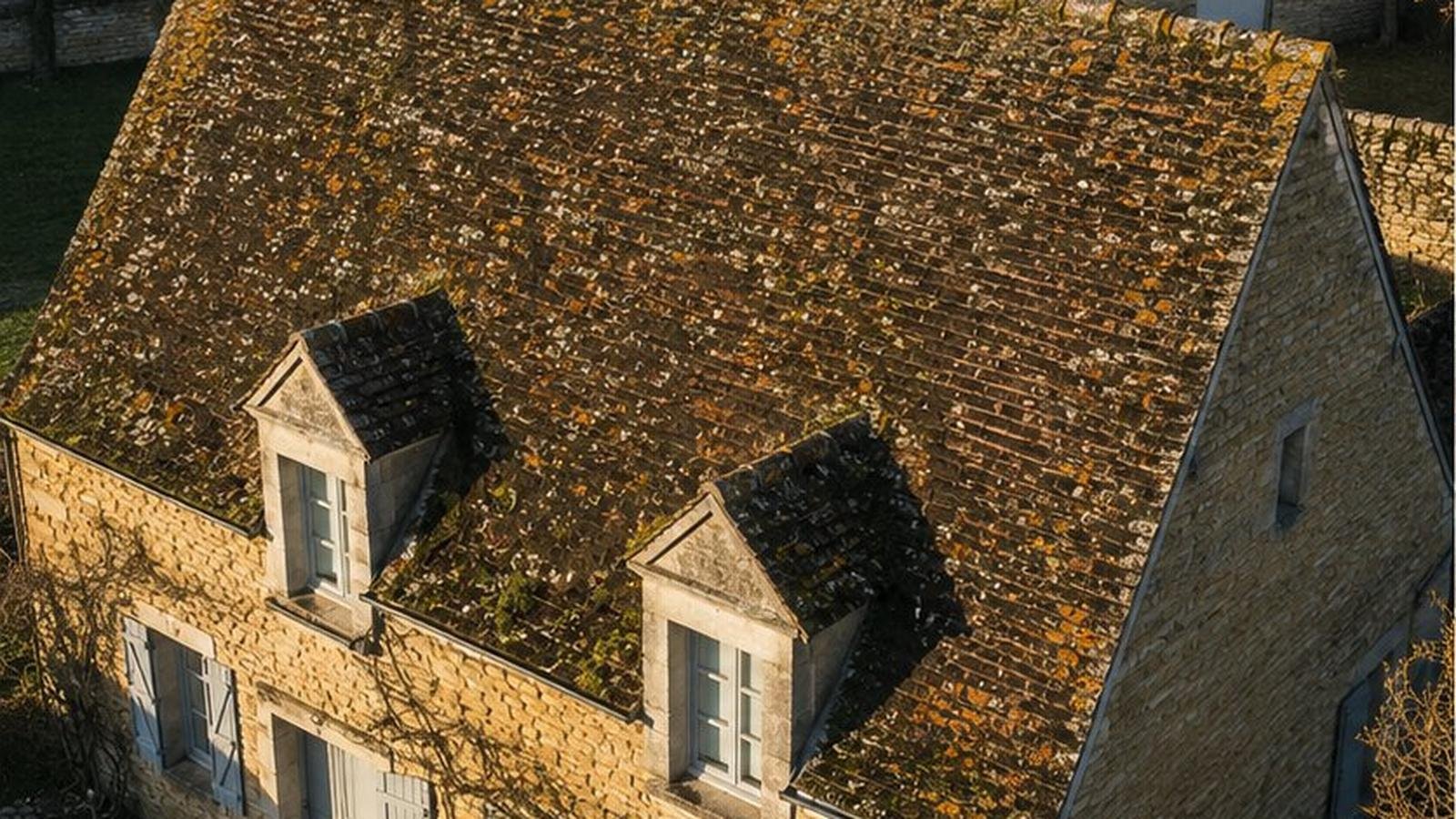 Avant : toiture tuile plate XIXe Chartres (28), mousses epaisses et lichens orange