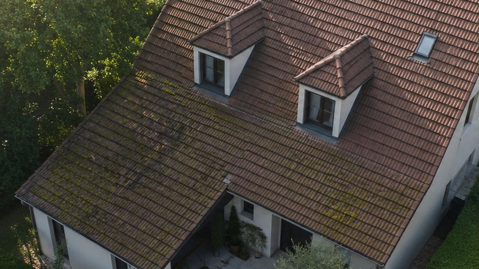 Avant : residence Plateau de Saclay tuile mecanique brun-rouge Massy (91), versant ouest mousse