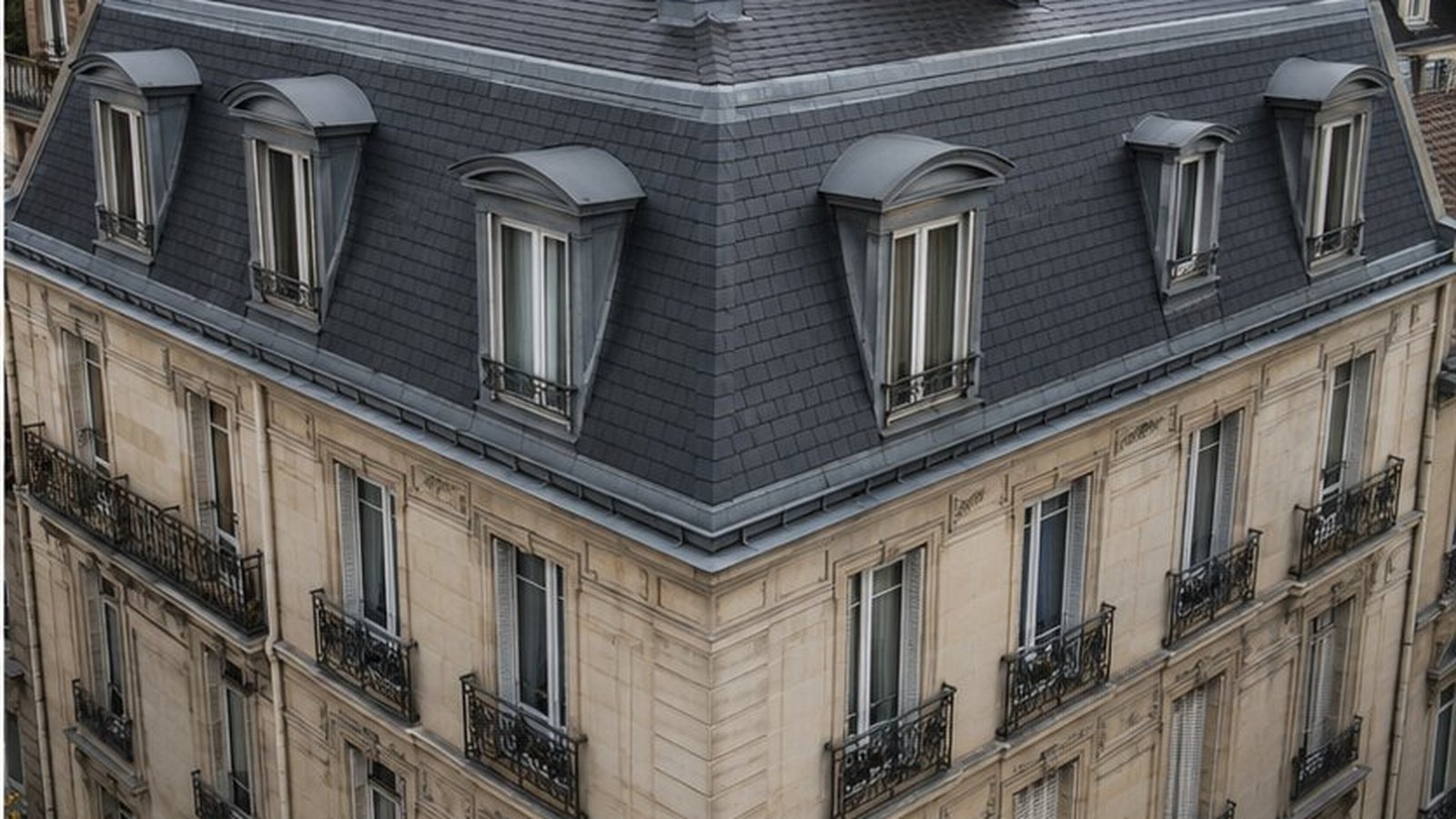 Après démoussage drone : ardoises mansardes propres, immeuble Rueil-Malmaison (92) 380 m²