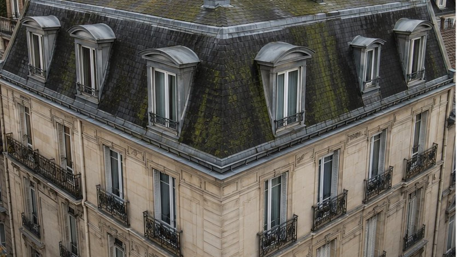 Avant : copropriete R+3 ardoise mansardes Rueil-Malmaison (92), mousses versants nord