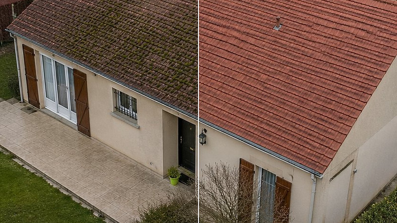 Nettoyage toiture par drone à Pontoise (95300) - ardoise centre historique + tuile mécanique Marcouville