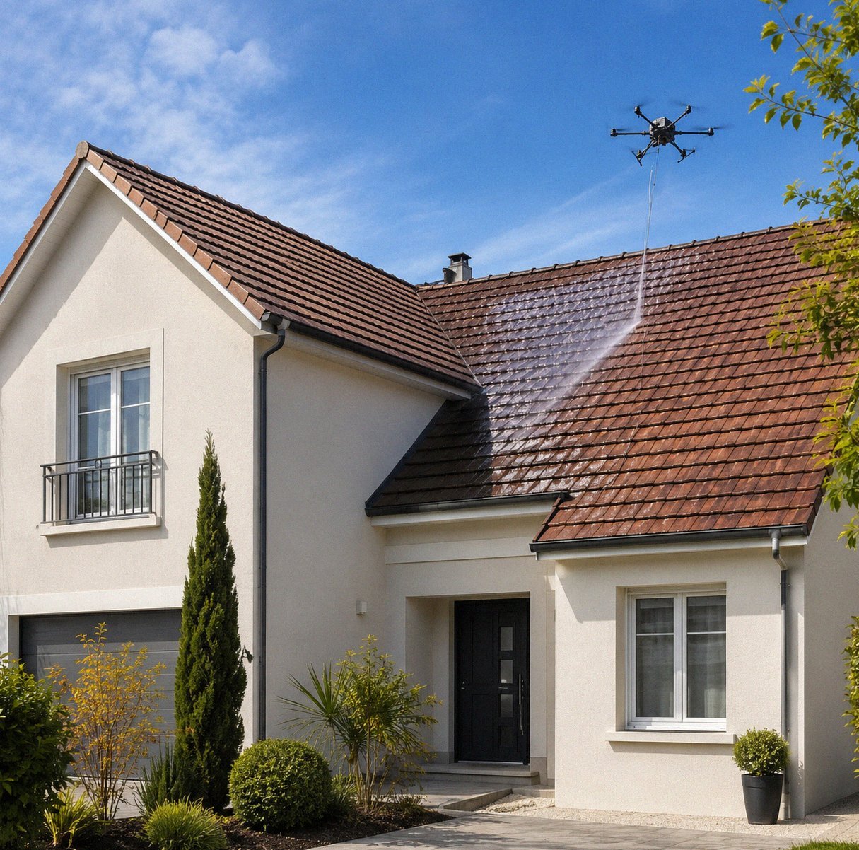 Avant apres demoussage drone toiture tuile Yvelines