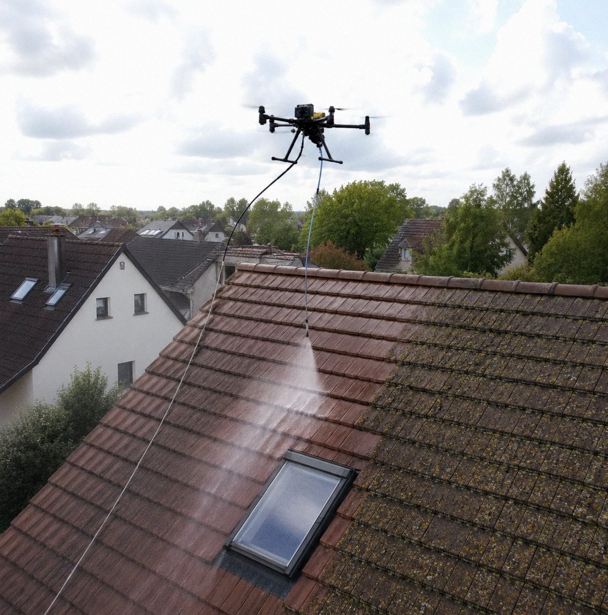 Avant et apres demoussage toiture par drone AltaClean a Aubergenville (78)