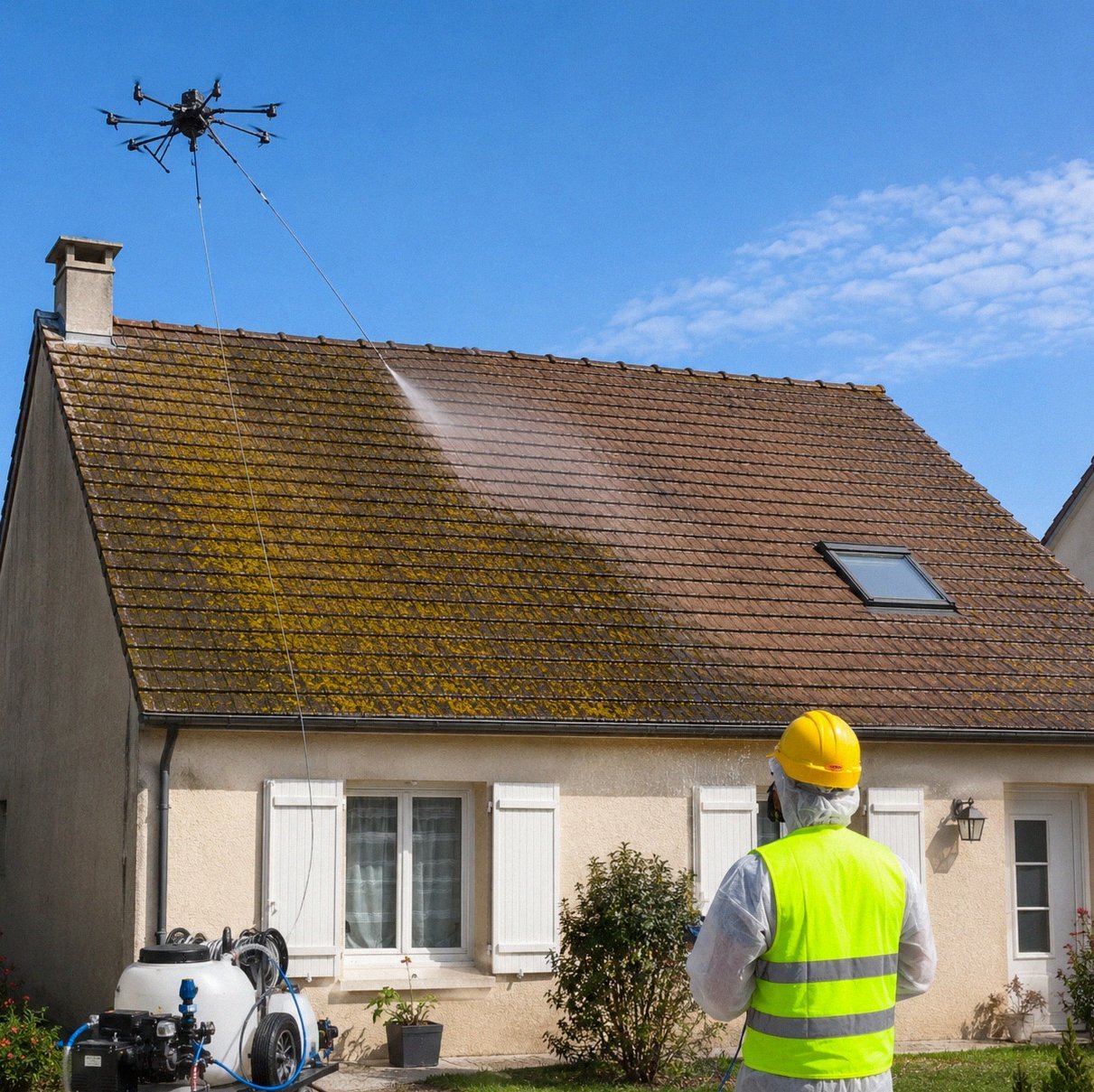 Démoussage drone groupage entre voisins pavillon banlieue toiture tuile rouge, telepilote EPI complet, intervention mutualisee Yvelines