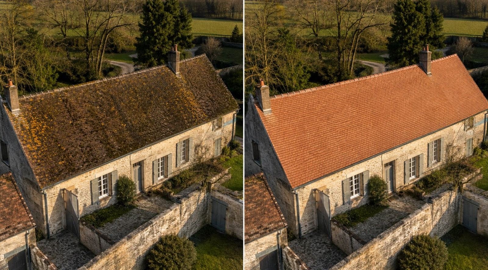 Avant apres demoussage drone longere ancienne en pierre tuile mecanique Mantes-la-Jolie (78)