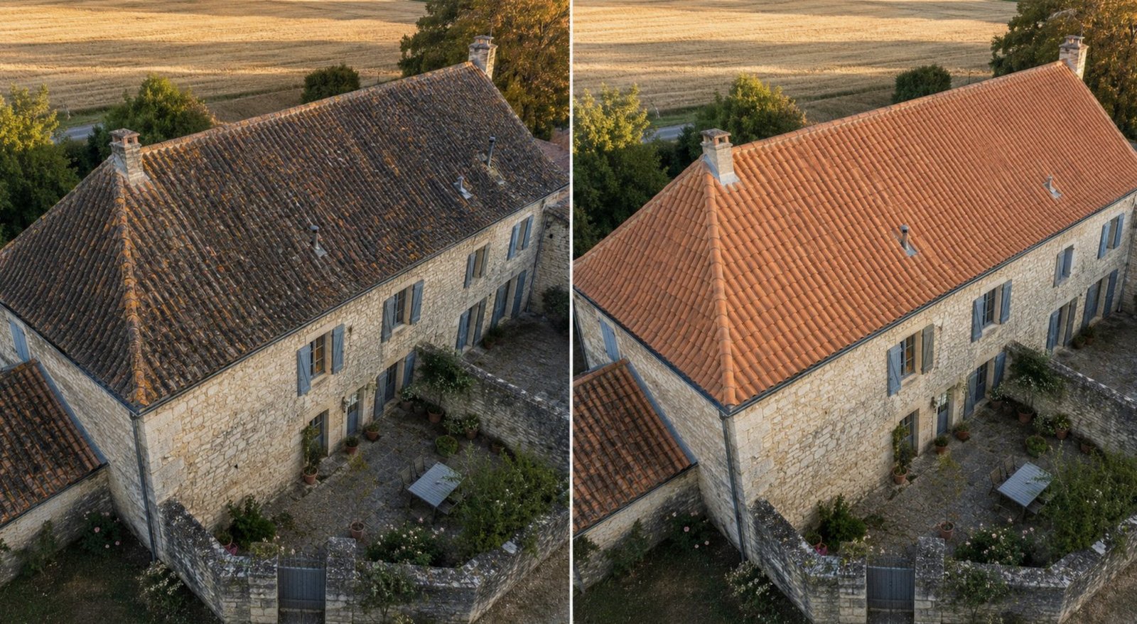 Avant apres demoussage drone 4 longeres rurales pierre tuile mecanique groupage Crespieres (78)