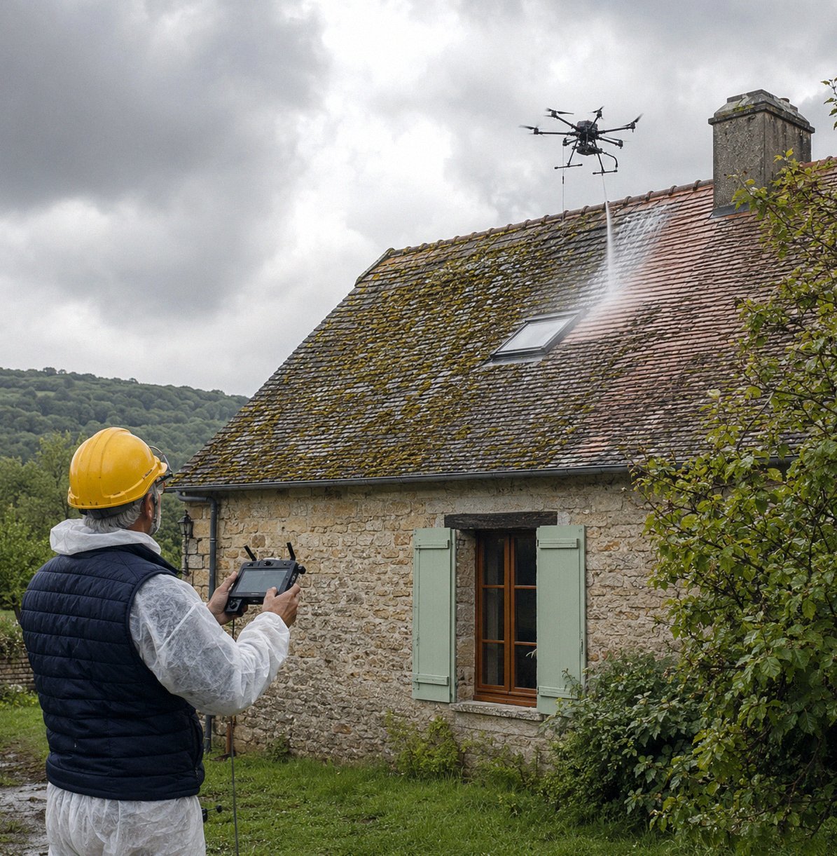 D&eacute;moussage de toiture par drone &agrave; Thoiry (78) - AltaClean op&eacute;rateur drone local