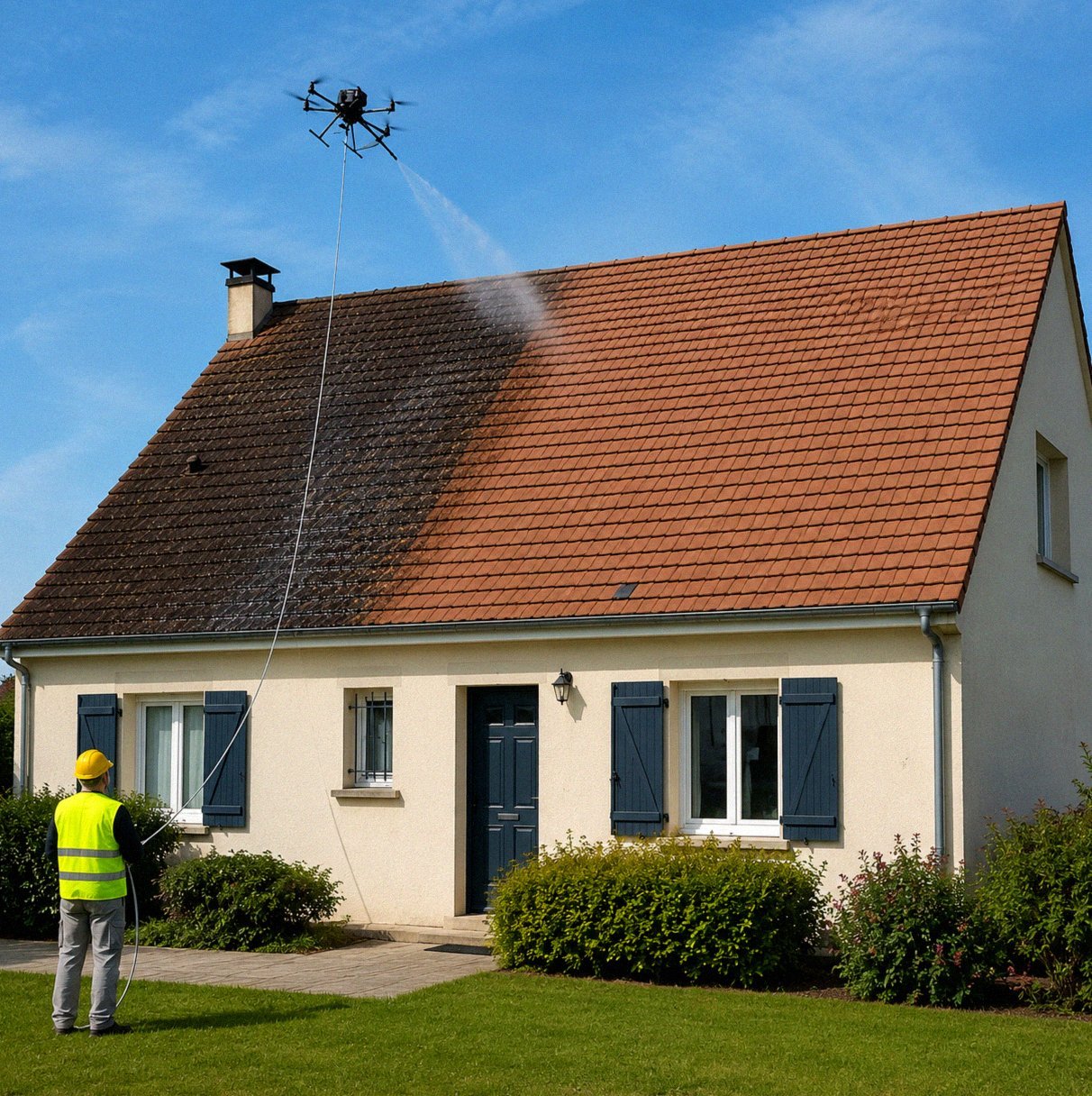 Nettoyage toiture fibrociment par drone AltaClean a Thoiry (78)
