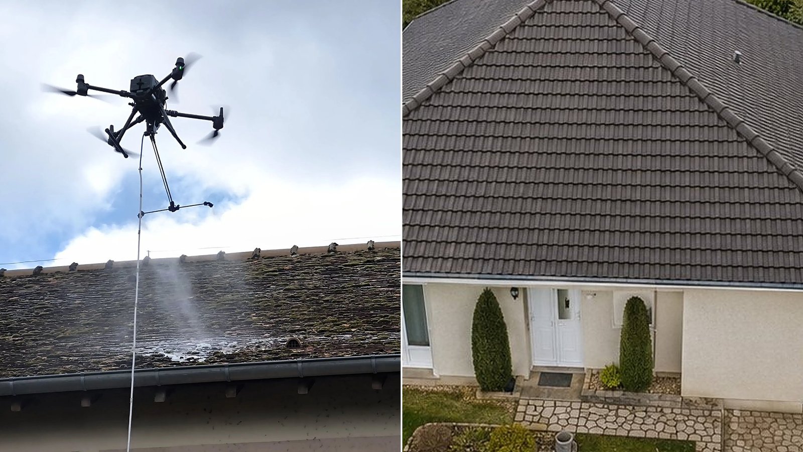 Demoussage de toiture par drone AltaClean : comparatif avant / apres - a gauche un drone pulverise un traitement anti-mousse sur une toiture envahie de mousse, a droite une toiture propre comme neuve apres demoussage, intervention sans echafaudage en Yvelines, Hauts-de-Seine, Val-d'Oise, Essonne, Eure, Eure-et-Loir, Val-de-Marne et Seine-Saint-Denis