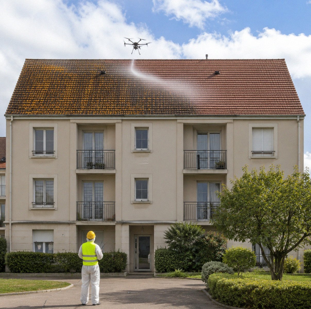 Démoussage drone copropriete R+3 toiture tuile rouge moussee, telepilote EPI complet, intervention syndic AltaClean