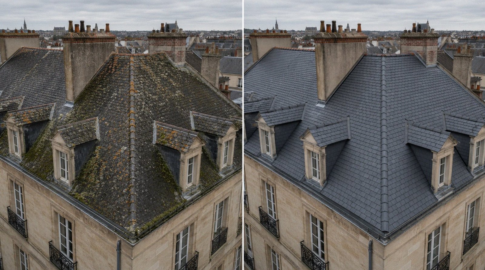 Avant apres demoussage drone copropriete ardoise haussmannienne mansardes groupage Rueil-Malmaison (92) vue aerienne