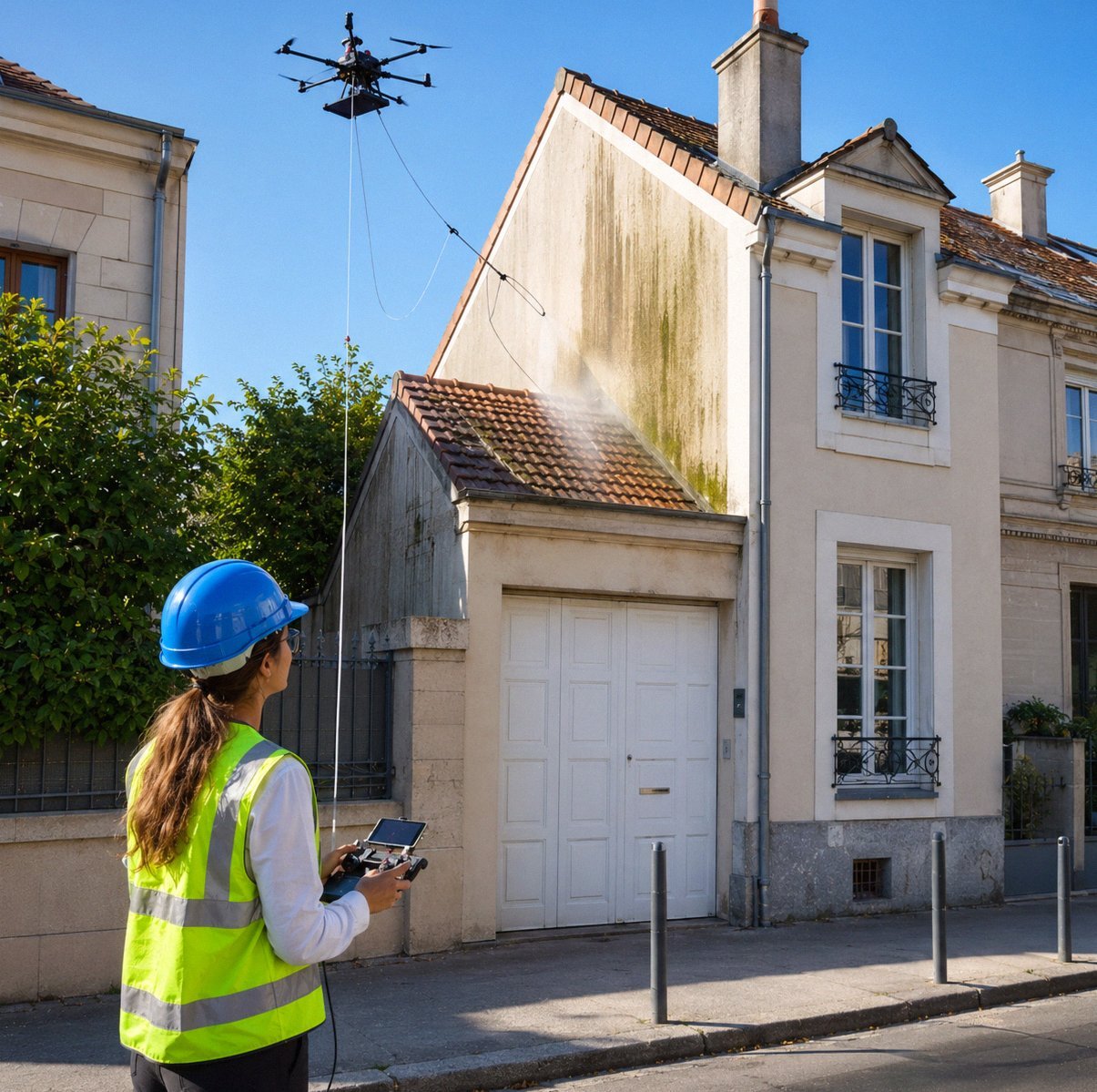 D&eacute;moussage de toiture par drone &agrave; Poissy (78) - AltaClean op&eacute;rateur drone local
