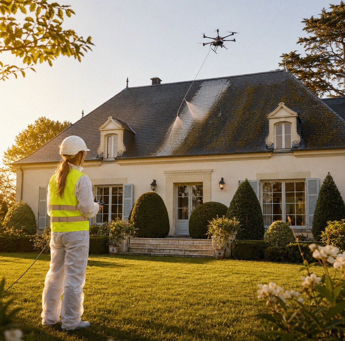 Drone AltaClean en pulverisation de biocide sur toiture par drone a Versailles, intervention sans echafaudage