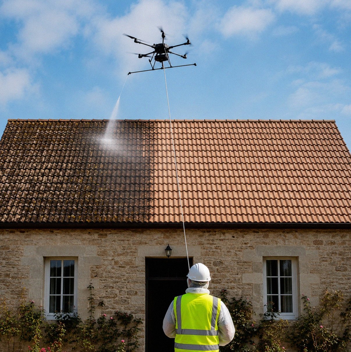 D&eacute;moussage de toiture par drone &agrave; Versailles (78) - AltaClean op&eacute;rateur drone local
