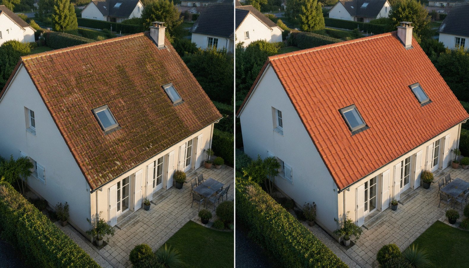 Avant apr&egrave;s d&eacute;moussage drone pavillon &agrave; Trappes (78), toiture tuile rouge propre vue a&eacute;rienne