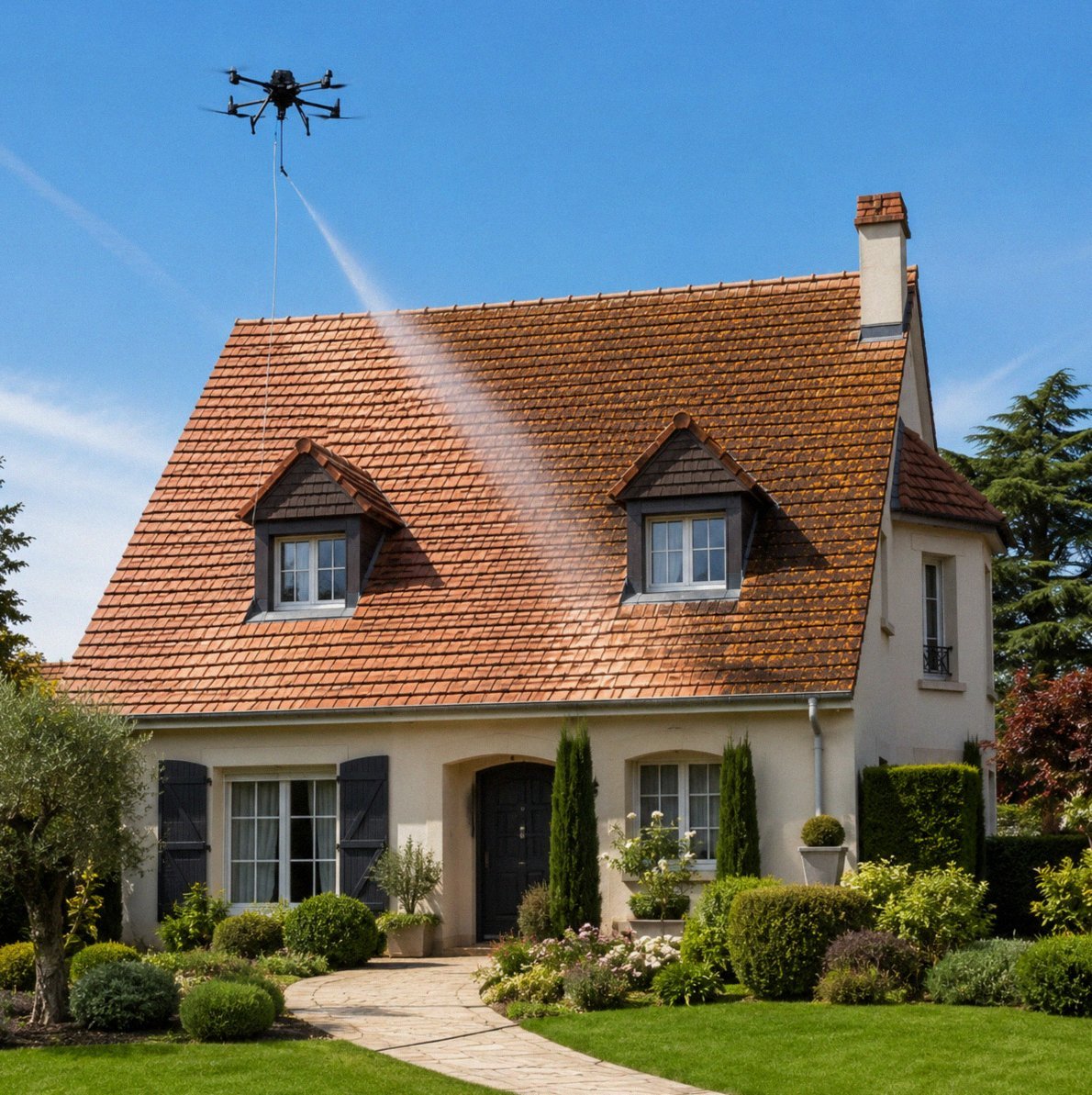Nettoyage drone maison normande lucarnes tuile mecanique rouge a Verneuil-sur-Seine (78)
